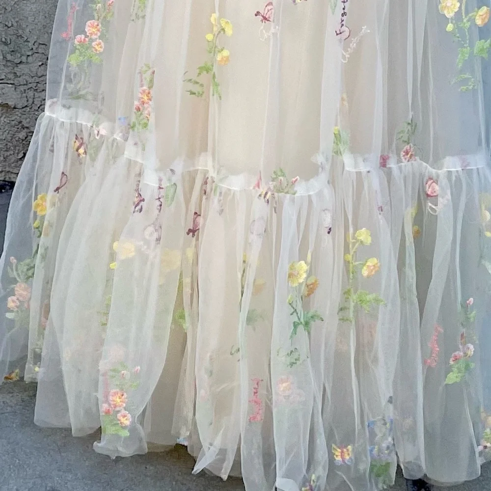 Tulle A-Line Spaghetti Straps Prom Dress Princess Embroidered Sz 4 - Picture 10 of 11